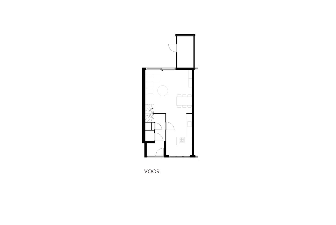 Moderne aanbouw met bijkeuken, afgewerkt met stucwerk en hout. - lab-R